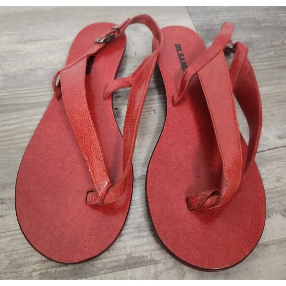 Jill Sander Women's Sz. 38.5/8.5 Red Leather Buckle Back Thong Sandal - Picture 1 of 7